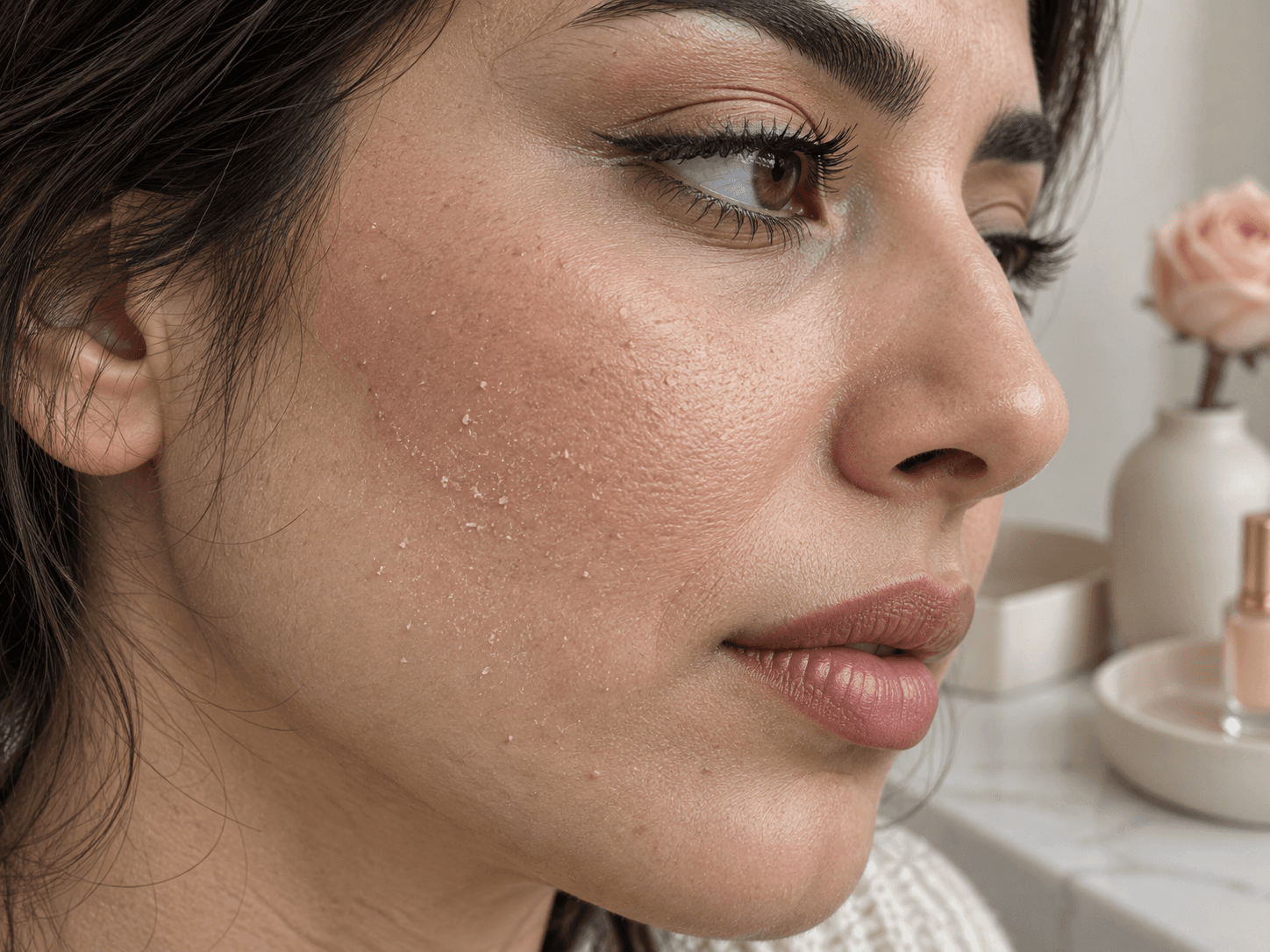نمای نزدیک پوستههای ظریف روی گونه زیر لایه کرم پودر