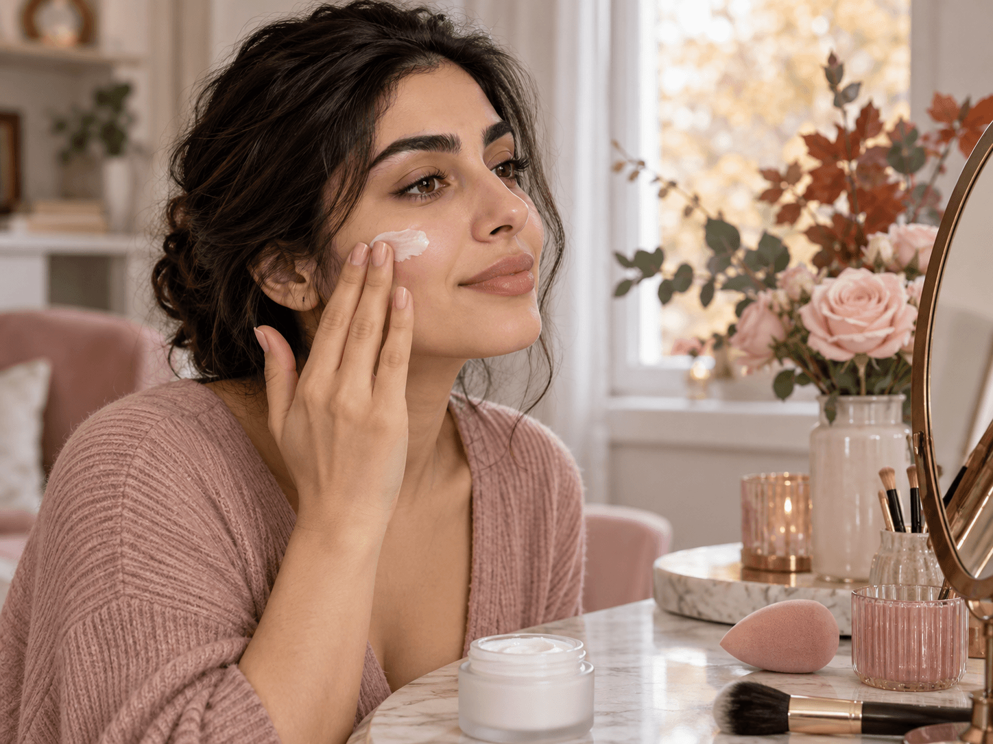 استفاده آرام از مرطوبکننده روی گونه پیش از آرایش روزانه