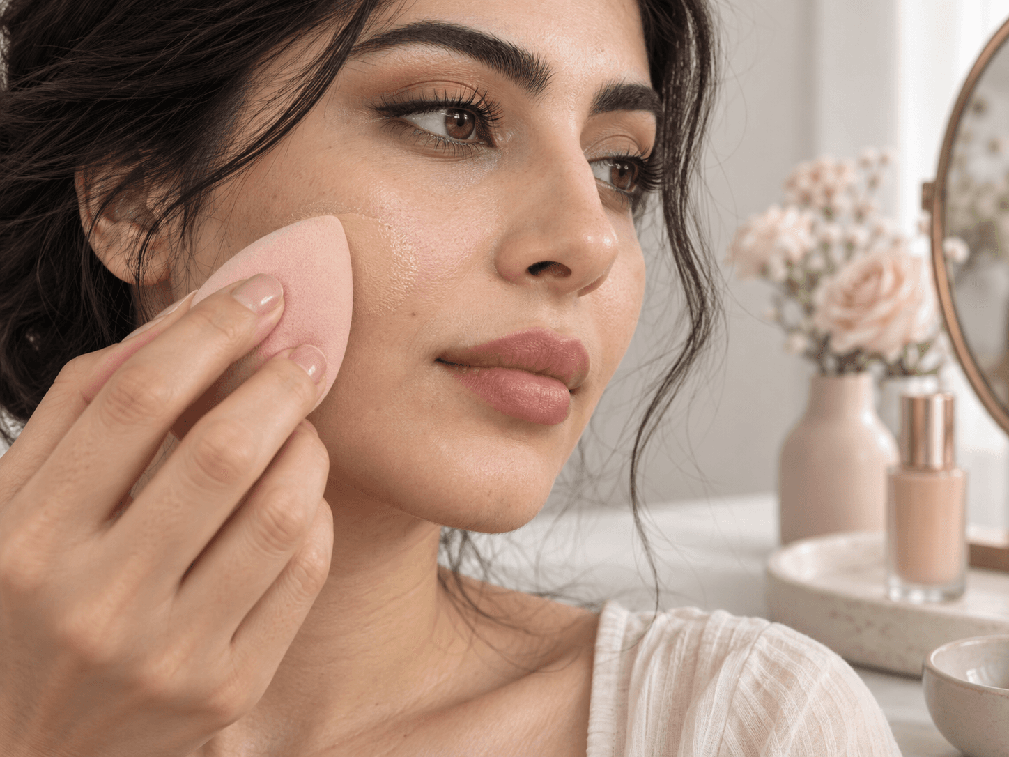 پخش لایه نازک کرم پودر با اسفنج روی گونه طبیعی